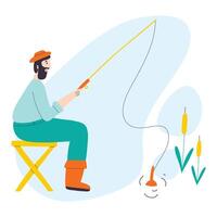 un' uomo catture pesce. pesca concetto. un' uomo pescatore si siede e rilassa mentre pesca. mano disegnato vettore illustrazione.