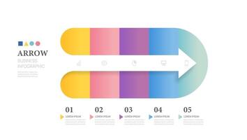 Infografica vettore freccia modello con 5 passaggi per attività commerciale. 3d carta etichetta. per contenuto, opuscolo, diagramma, sequenza temporale, ragnatela design. vettore