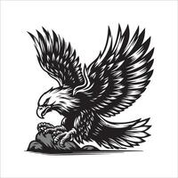 aquila con piume, vettore illustrazione, logo, emblema, distintivo, tatuaggio disegno, nero sfondo, isolato.