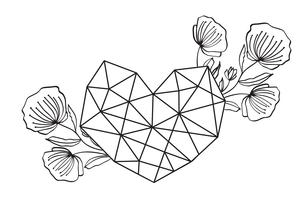 Cornice floreale cuore geometria floreale. Vector foglie e fiori in vignetta carina isolato su sfondo nero. Matrimonio, decorazioni in stile San Valentino