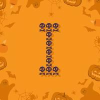 lettera di halloween i da teschi e ossa incrociate per il design. carattere festivo per vacanze e feste su sfondo arancione con zucche, ragni, pipistrelli e fantasmi vettore
