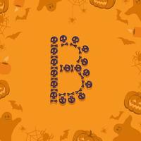 lettera b di halloween da teschi e ossa incrociate per il design. carattere festivo per vacanze e feste su sfondo arancione con zucche, ragni, pipistrelli e fantasmi vettore