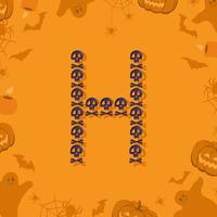 lettera h di halloween da teschi e ossa incrociate per il design. carattere festivo per vacanze e feste su sfondo arancione con zucche, ragni, pipistrelli e fantasmi vettore