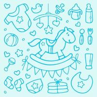 set vettoriale di accessori per baby shower e baby care. cartone animato doodle contorno di oggetti per neonati ed elementi per l'arredamento della scuola materna, inviti di design, biglietti di auguri