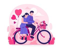 un' contento coppia è equitazione un' bicicletta insieme. un' uomo e un' donna godendo un' romantico bicicletta cavalcata con a forma di cuore palloncini. contento san valentino giorno vettore