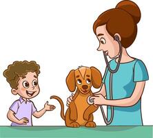 illustrazione di un' poco ragazzo parlando per un' veterinario con un' cane vettore