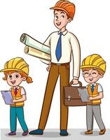architetti e bambini ingegneri con costruzione piani. vettore illustrazione nel cartone animato stile