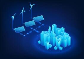 rinnovabile energia tecnologia generando vento e solare energia in inteligente città è elettricità quello fa non creare inquinamento. pulito energia un' città quello gestisce risorse per suo le persone. isometrico vettore