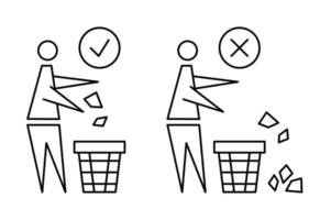 mantenendo il pulito. icona proibita. metti la spazzatura al suo posto. uomo ordinato, non sporcare, icona. per favore non buttate la spazzatura. non gettare rifiuti, gettare la spazzatura negli appositi contenitori. tratto modificabile vettore