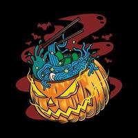 halloween fumetto zucca ramen noodle logo vintage icona vettoriale illustrazione disegnata a mano