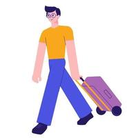 un ragazzo con una valigia in aeroporto. uomo con una valigia. viaggio di lavoro. bagaglio. viaggiatore. viaggio all'estero. volo in aereo. illustrazione piatta. vettore