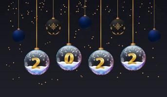 Manifesto del nuovo anno 2022. sfondo scuro. striscioni di natale con palline di vetro con numeri e neve. modello di volantino vettore