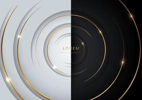 strati di cerchi moderni astratti su sfondo bianco e nero con oro incandescente e illuminazione stile di lusso. vettore