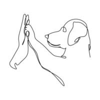linea continua un cane sta dando una zampa a una persona. zampe di cane in mano umana vettore