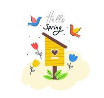 primavera casetta per gli uccelli. Ciao primavera umore saluto carta. vettore