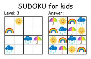 sudoku. bambini e adulto matematico mosaico. bambini gioco. tempo metereologico tema. Magia quadrato. logica puzzle gioco. digitale rebus vettore