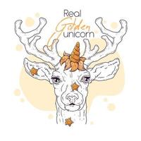 illustrazione disegnata a mano del cervo carino con un vettore di corno di unicorno magico.