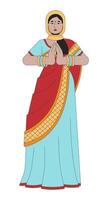 saree giovane donna preghiere su Diwali linea cartone animato piatto illustrazione. sari bellissimo 2d Linea artistica personaggio isolato su bianca sfondo. culto di lakshmi. Diwali celebrazione scena vettore colore Immagine