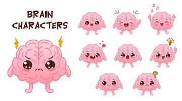 impostato di carino rosa colorato cervello personaggi con diverso emozione su un' bianca sfondo. piatto stile cartone animato cervello personaggio design. vettore portafortuna illustrazione umano organo icona design