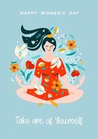 illustrazione con Meditare donna, fiori e uccelli. vettore design concetto per internazionale donne S giorno e altro uso