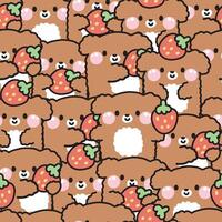 ripetere.senza soluzione di continuità modello di carino Sorridi cane con fragola nel vario pose sfondo.pet animale personaggio cartone animato design collection.kid grafica.frutta.kawaii.vettore.illustrazione vettore