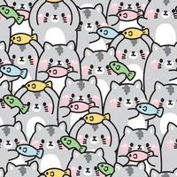 ripetere.senza soluzione di continuità modello di carino gatto con pesce nel vario pose sfondo.pet animale personaggio cartone animato design.miao amante.immagine per carta, poster, bambino abbigliamento.kawaii.vettore.illustrazione. vettore