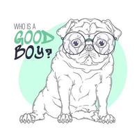 illustrazione disegnata a mano del simpatico cane carlino nel vettore di occhiali.
