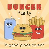 manifesto con Groovy hamburger, francese patatine fritte e bibita. cartone animato personaggi nel di moda retrò stile. modello per striscione, manifesto, sociale media, aviatore vettore