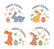 Pasqua saluto carte, tag con coniglietti, uova e primavera fiori. contento Pasqua vacanza saluti, vettore mano disegnato cartone animato stile. carino colorato Pasqua vacanza clip arte con divertente personaggi.