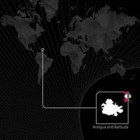 antigua e barbuda su nero mondo carta geografica. carta geografica e bandiera di antigua e barbada. vettore