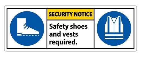 segnale di avviso di sicurezza scarpe antinfortunistiche e giubbotto obbligatori con simboli PPE su sfondo bianco vettore