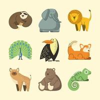 leone elefante tucano orso camaleonte animali della giungla icone dei cartoni animati vettore