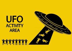 zona di attività ufo. astronave volante in colore nero. l'ufo rapisce gli umani. disco volante. astronave aliena in stile glifo, isolata su sfondo giallo vettore