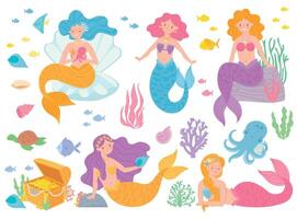 carino sirene. bellissimo ragazze vivente subacqueo con pesce, tartaruga, coralli e polpo. mitico creature vettore