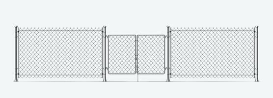 realistico acciaio filo recinto con cancelli e metallo colonne. barriera catena collegamento maglia con porta. 3d prigione o militare filo confine vettore elemento