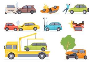 macchine incidente. assicurazione mezzi di trasporto su trainare camion, auto collisione con albero o strada luce, colpire pedone. veicolo schianto vettore impostato