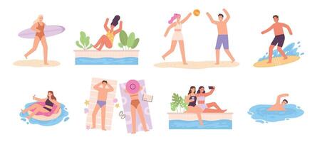 persone a estate vacanza, nuoto, fare surf e prendere il sole a mare spiaggia. uomo e donna personaggi nel costumi da bagno giocare pallavolo vettore impostato