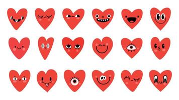 cartone animato rosso cuore personaggi con divertente facce emoticon. San Valentino giorno simbolo. carino romantico cuori con occhi per logo o etichetta vettore impostato