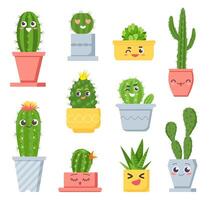 carino cactus con facce. cartone animato succulento pentola impianti personaggi con emoji. sorridente tropicale cactus con divertente viso nel vasi di fiori vettore impostato