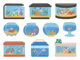 cartone animato casa acquari con Pesci, coralli, impianti e arredamento. acquario serbatoio con subacqueo animali domestici e alghe. bicchiere pesce ciotole vettore impostato