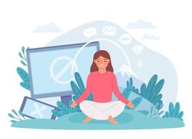 digitale disintossicazione. donna nel loto posa meditare e prendere rompere a partire dal Internet, Telefono e sociale reti. disconnect disconnesso vita vettore concetto