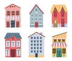 cartone animato città strada edifici. vecchio cittadina architettura con colorato case, Al dettaglio negozi e bar esterno. appartamenti facciata vettore