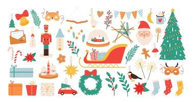 Natale cartone animato decorazioni e giocattoli. nuovo anno e allegro natale arredamento elementi, schiaccianoci, vischio, calzini e Santa adesivi vettore impostato