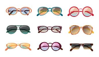 cartone animato moderno colorato estate occhiali da sole moda disegni. elegante occhio bicchieri per soleggiato tempo atmosferico. sfumature, sole spettacoli, occhiali vettore impostato