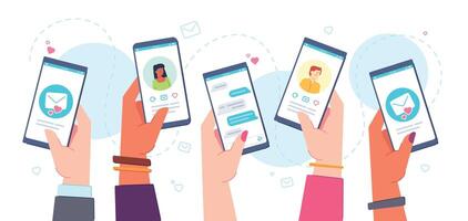 mobile incontri app. mani Tenere telefoni con in linea date applicazione, chat, incontro profili e mail. virtuale relazione vettore concetto