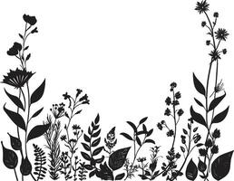 monocromatico giardino confine floreale vettore emblema mezzanotte inchiostrato paesaggio fiorito nero botanico confine