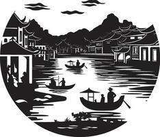 Riva del fiume vista fascino nero emblematico icona nostalgico sul fiume Visualizza Vintage ▾ vettore emblema