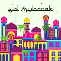 eid mubarak sfondo con arabo città. vettore illustrazione