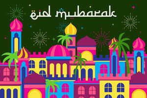 eid mubarak sfondo con arabo notte città. vettore illustrazione