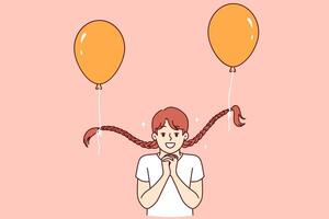 divertente poco ragazza con palloncini legato per trecce pieghe palme, fabbricazione richiesta o mostrando speranza vettore